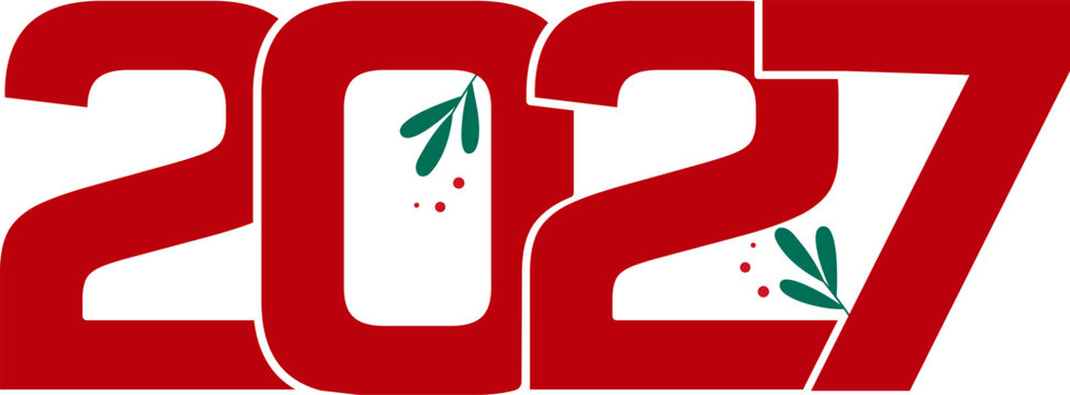 2027 new year typography with festive holly leaves and berries