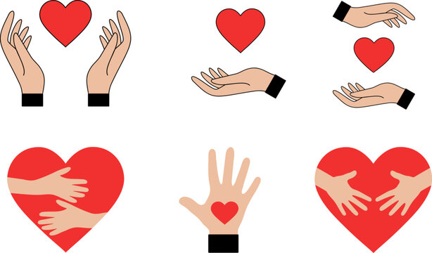 Collection of caring hands with heart symbols representing love, charity, kindness and support in flat vector style