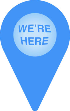 Blue map pin with We're Here text, flat vector illustration for navigation, maps, travel, location