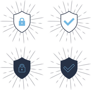 Security shield icons with lock and check mark representing protection, cybersecurity and verified access
