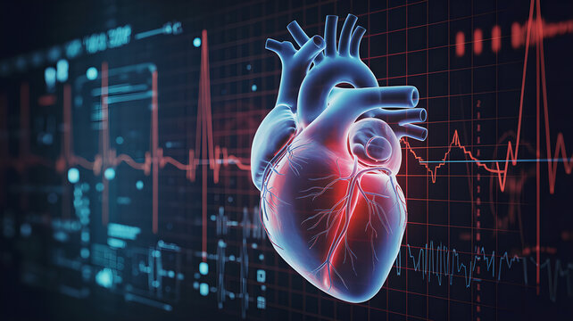 Digital medical visualization of a human heart against a glowing ekg heartbeat monitor grid background