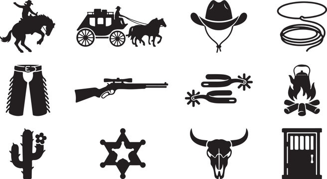 Collection of wild west black silhouettes featuring a cowboy on a bucking horse, a stagecoach, a cowboy hat, a lasso, leather chaps, a rifle, spurs, a campfire, and a sheriff star