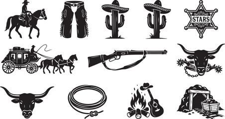 Set of western themed black silhouette including a cowboy on horseback, leather chaps, cacti with sombreros, sheriff star, stagecoach, rifle, bull skull, lasso, and mining cart © Lutfar_Rahman