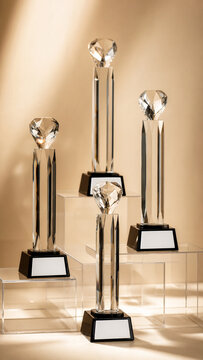 Elegant crystal trophies with blank plaques arranged on acrylic podiums against a warm gold background, symbolizing achievement and recognition.