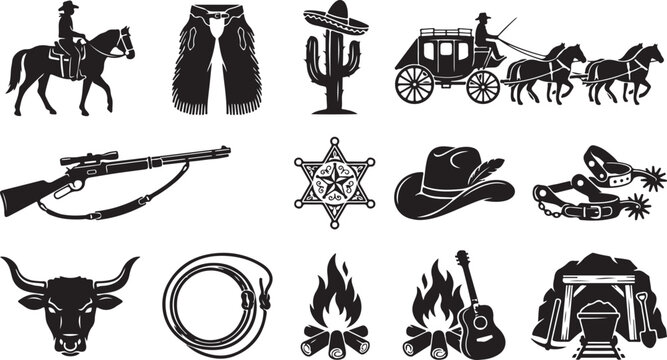 Set of western themed black silhouette featuring a cowboy on horseback, stagecoach, sheriff star, cowboy hat with feather, guitar, campfire, bull skull, and a mining tunnel entrance