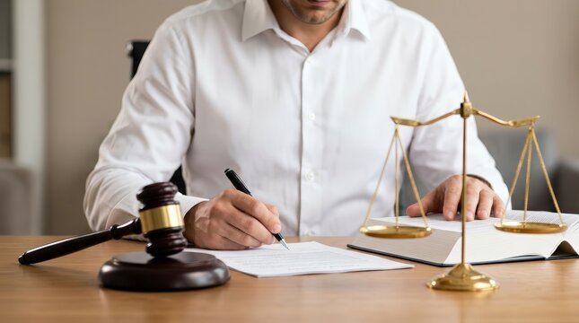 Male lawyer signing legal documents at a desk with a judge gavel, law book, and scales of justice.