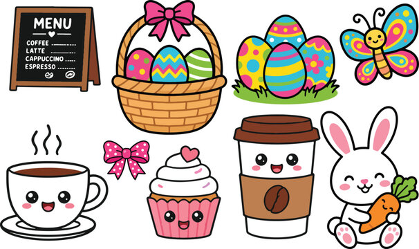 Cute easter holiday collection featuring rabbit coffee menu basket eggs and butterfly.