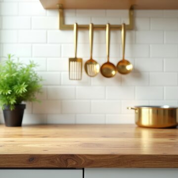 Clean kitchen counter with wood grain detail. Gold utensils hang above white subway tile backsplash. Green potted plant sits near golden cooking pot.