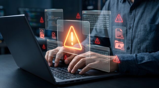 Cybersecurity Threat Warning with Developer Analyzing System Code. Digital Alert Icon Highlights Network Security Risk and Data Breach Detection