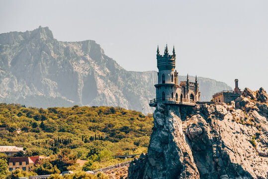 Yalta, Crimea, 6 August 2020, Swallow Nest Palace on cliff overlooking Black Sea