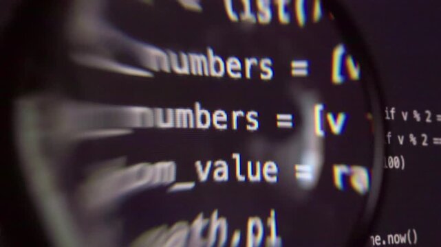 Close-up magnifying glass view of Python code lines on a dark screen with syntax symbols