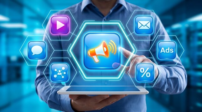 Digital Marketing and Social Media Marketing Strategy. Internet Campaign Management. Businessperson Using Laptop Computer for Planning Campaign
