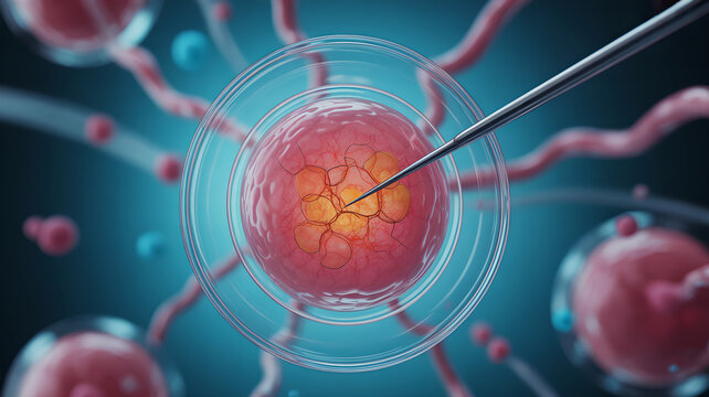 Microscopic view of in vitro fertilization process with injection needle and embryo development in lab