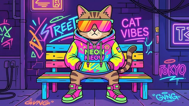 Colorful cartoon cat wearing sunglasses and jacket sitting on a neon street bench