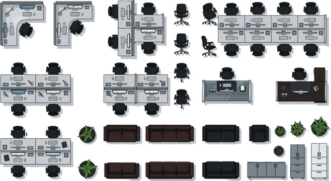 Top view office furniture set with desks chairs sofas and plants for architectural floor plan design vector
