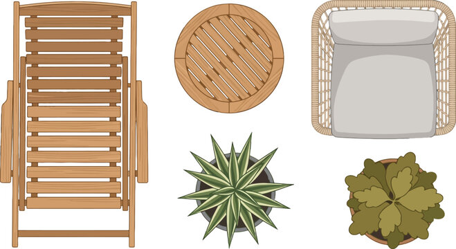 Top view set of outdoor patio furniture including wooden lounge chair table and potted green plants