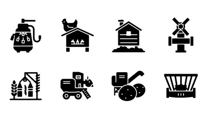Farm Icons Vector Set: Agriculture, Rural Life, Harvesting Equipment, Buildings, and Tools for Countryside Concepts © Kabir