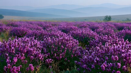Fototapeta premium A vast expanse of vibrant purple flowering plants stretches across a serene landscape under a soft sky with layered hills fading into mist