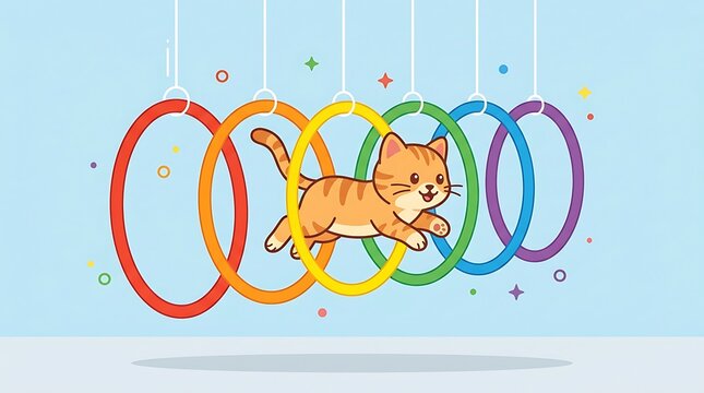 Cute cartoon kitten running through colorful circular hoops