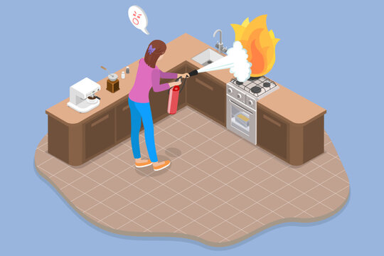 3D Isometric Flat Vector Illustration of Kitchen Fire, Highlighting Importance Of Home Safety