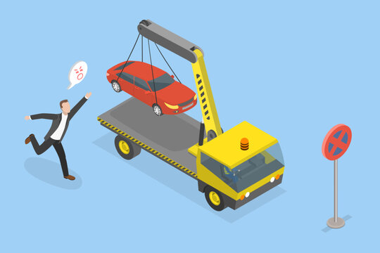 3D Isometric Flat Vector Illustration of Car Towing, Owner Chases Tow Truck For Towing Wrongly Parked Car