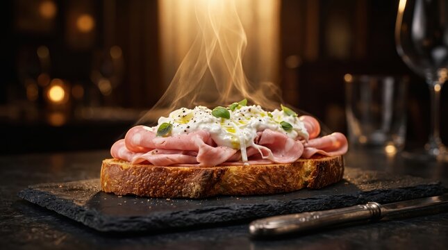 Gourmet mortadella and stracciatella open-faced sandwich on slate. GENERATED BY AI.