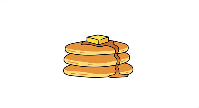 Stack of pancakes with butter and syrup on white background breakfast food vector.