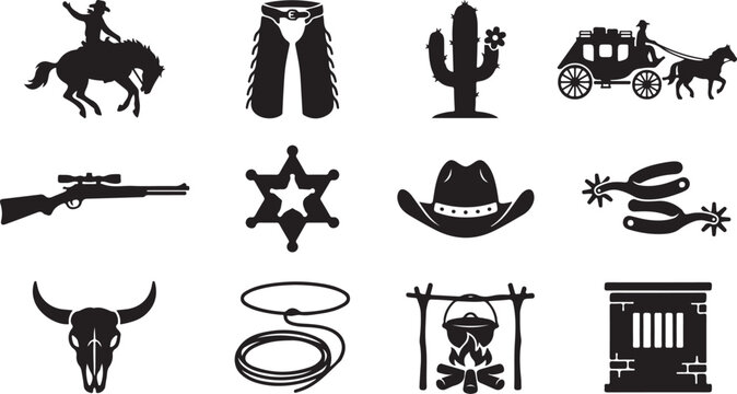 Assorted black silhouette representing the american wild west with cowboys, horses, chaps, cacti, stagecoaches, rifles, sheriff badges, hats, spurs, bull skulls, lassos, and jail cells