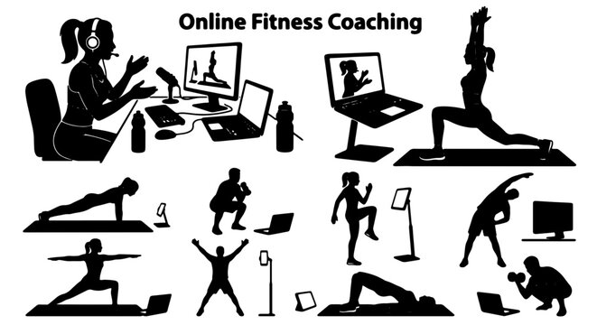 Online Fitness Coaching Silhouettes, Digital Health Training Icons, Remote Workout Guidance Graphics, Wellness Exercise Set