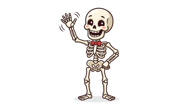 Friendly cartoon skeleton character waving hello with a cheerful smile, wearing a stylish bow tie, perfect for Halloween, educational, or spooky themed designs