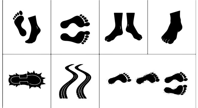 Footprint Icons Set, Human Steps Vector Graphics, Bare Feet and Boot Prints, Walking Trail Symbols, Black and White Silhouette Collection
