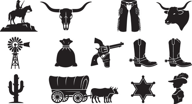 Black silhouette set depicting western life with a cowboy on a rock, bull skull, leather chaps, bull head, windmill, money bag, revolver in holster, cowboy boots, and wagon