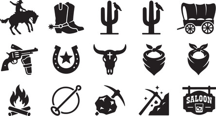 Collection of black silhouette depicting wild west themes including cowboys, stagecoaches, cactus plants, revolvers, horseshoes, bull skulls, campfires, and saloon signs © RobiulIslam