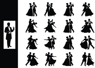 Fototapeta premium Black silhouettes of couples dancing and a waiter
