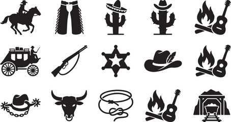 Collection of black silhouette featuring western themes including cowboys, horses, cacti, campfires, guitars, sheriff badges, cowboy hats, lassos, and mining carts on white background © RobiulIslam