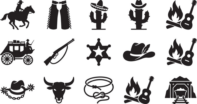 Collection of black silhouette featuring western themes including cowboys, horses, cacti, campfires, guitars, sheriff badges, cowboy hats, lassos, and mining carts on white background