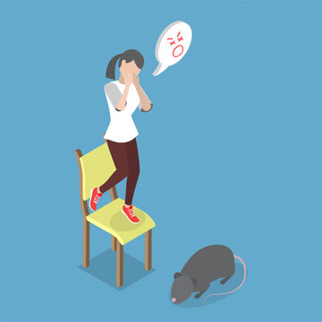 3D Isometric Flat Vector Illustration of Murophobia, Scared Person Frightened By Mice
