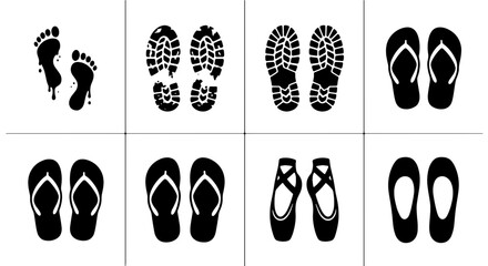 Footprint and Footwear Icons: Diverse Shoe Prints, Bare Feet, Flip-Flops, Ballet Slippers, and Sandals Vector Set for Graphic Design and Web Use © Habib