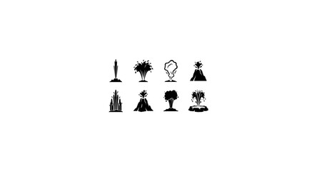 Obraz premium Collection of 8 Silhouette Icons: Monument, Tree, Lightbulb, Volcano, Castle, Elephant, Abstract Shapes, Vector Graphics for Design