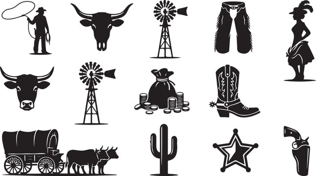 Set of western themed black silhouette including a cowboy with lasso, bull head, windmill, leather chaps, woman, money bag, cowboy boot with spur, wagon, and sheriff star