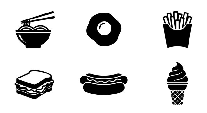 Six Black Food Icons: Noodles, Fried Egg, Fries, Sandwich, Hot Dog, Ice Cream Cone, Vector Graphics for Menus and Apps
