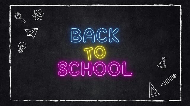 back to school neon lights text with frame on blackboard animation, education and stationary elements social media motion background