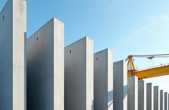 Large grey precast concrete walls stand in line at construction site under clear blue sky. Tall industrial slabs arranged for building housing project. Yellow crane boom looms above heavy panels.