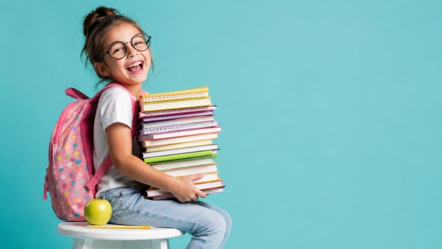 Happy Schoolgirl with Glasses Carrying Books and Backpack on Turquoise Background