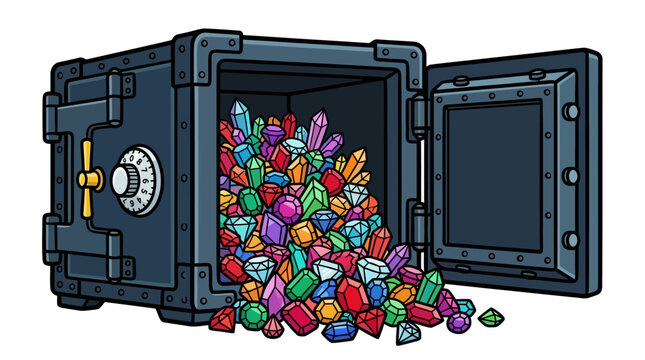 Open safe filled with colorful jewels.