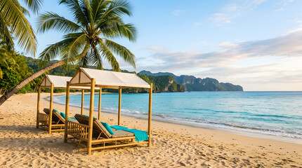 Fototapeta premium Beach scene with palm tree and cabanas near turquoise ocean waves on sandy shore