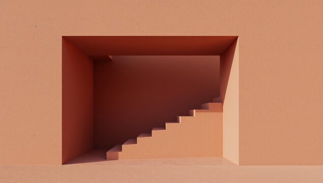 Smooth terracotta toned architectural alcove sheltering an ascending staggered
