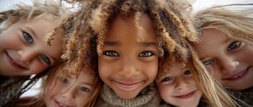 Five kids smile together at a park on a sunny day in autumn enjoying friendship and each other's company
