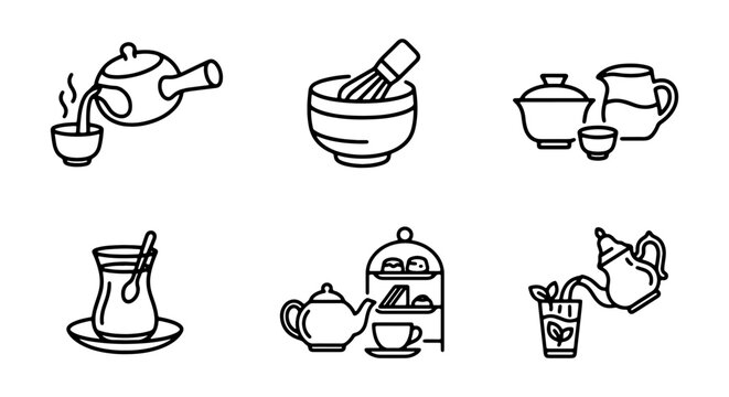Tea Ceremony Icons, Beverage Service Set, Hot Drink Preparation Graphics, Japanese Matcha Tools, Vector Collection
