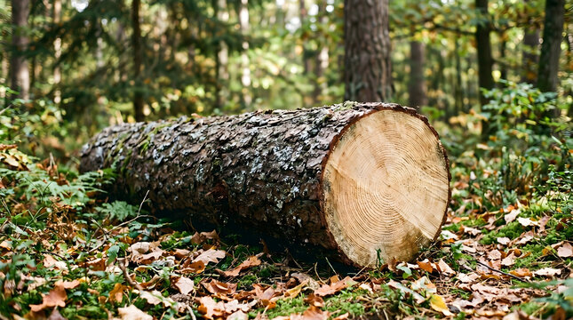 Cut tree log lying on the forest floor among autumn leaves. Fresh timber with visible growth rings and rough bark. Natural woodland environment